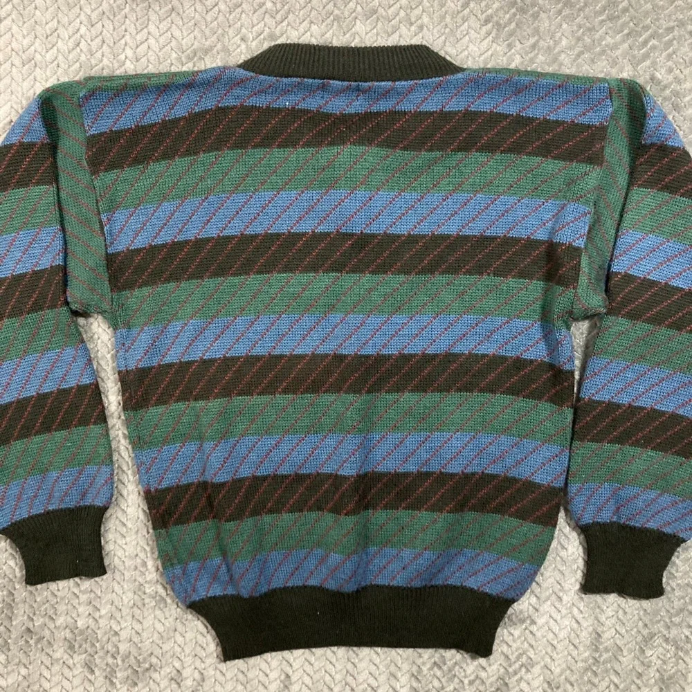 John Henry Sweater Mens L Vintage Henley Striped Multi-Color Button-Down